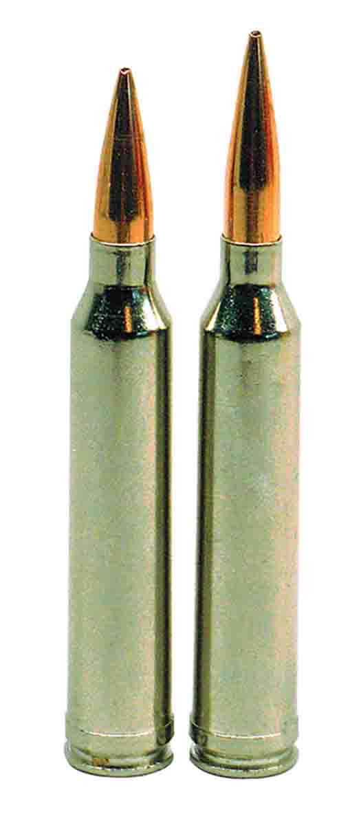 Overall loaded length (OAL) for the 7mm-300 Winchester Magnum (left) with a Berger 140-grain VLD Hunting bullet is 3.348 inches; OAL for the 6.5-300 Winchester (right) is 3.587 inches with a Berger 130-grain VLD Hunting bullet.